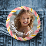 Retro pink sunburst red stars happy birthday party 6 cm round badge<br><div class="desc">Colourful birthday pin back button badge featuring your photo and a pink and yellow sunburst with red,  retro stars. Customisable text "birthday girl" and your name.</div>