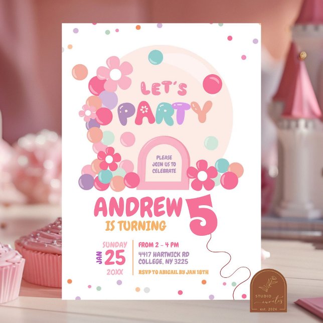 Retro Pink Sunflower Bubble Dome Kids Birthday  Invitation (Creator Uploaded)