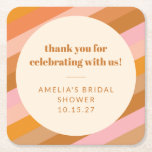 Retro Pink Sunset Stripes Custom Bridal Shower  Square Paper Coaster<br><div class="desc">This bold and colourful design features diagonal retro stripes in warm coral, blush, orange, and mustard tones, with a central sunburst-style circle for your custom text. Personalised with the bride’s name and date, this coaster adds a fun pop of colour to bridal shower tablescapes. A perfect match for vintage-inspired or...</div>