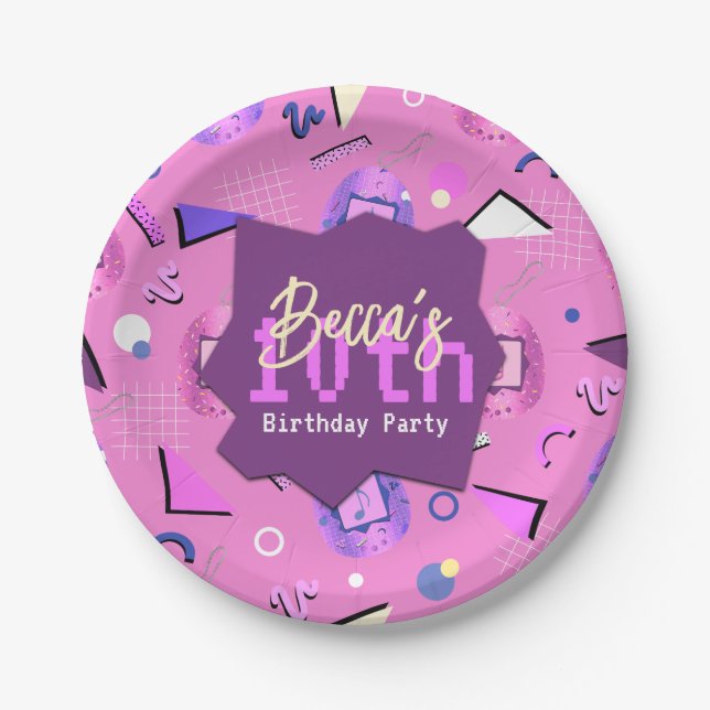 Retro Pink Tamagotchi Birthday Paper Plate (Front)