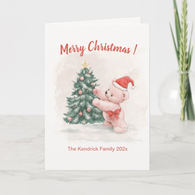 Retro Pink Teddy Bear Christmas Card (Front)