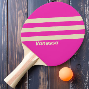 Retro Pink Three Stripes with Name Ping Pong Paddle