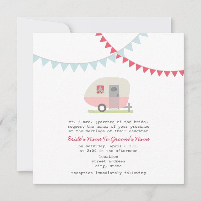Retro Pink Trailer Wedding Invite (Front)