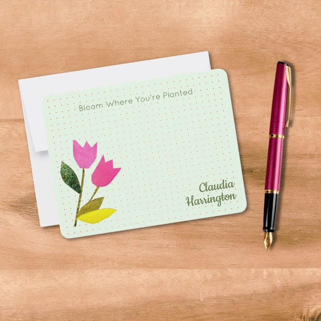 Retro Pink Tulips Pastel Peach Hand-Illustrated Card (These cute mint green tulip note cards have my own tulips art and read "Bloom Where You're Planted.")