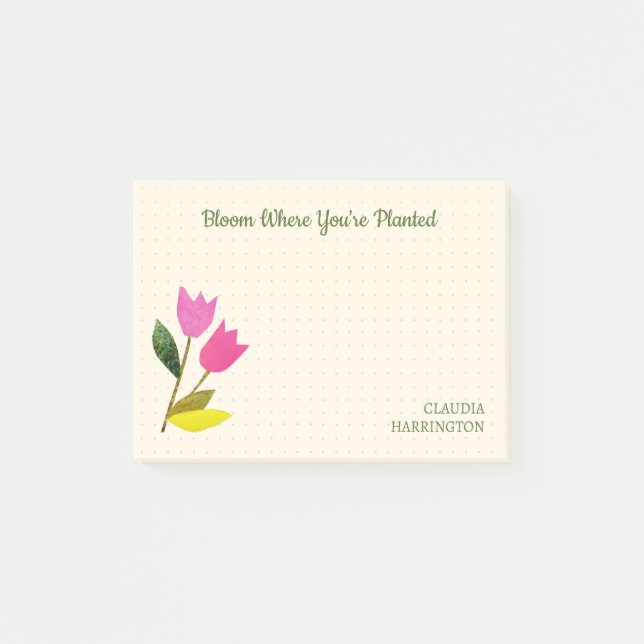 Retro Pink Tulips Pastel Peach Hand-Illustrated Post-it Notes (Front)