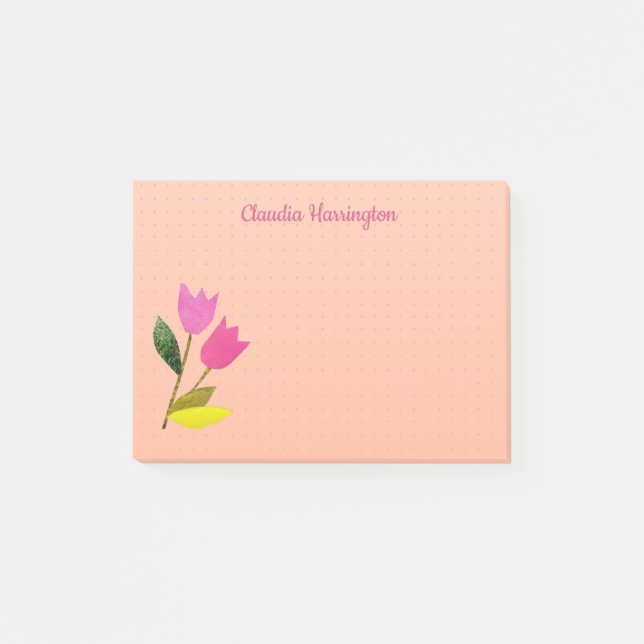 Retro Pink Tulips Pastel Peach Hand-Illustrated Post-it Notes (Front)