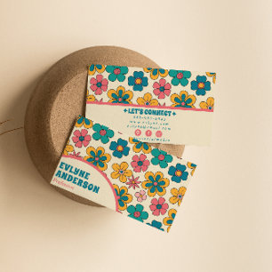 Retro Pink Turquoise Groovy Floral Boho Girly  Business Card