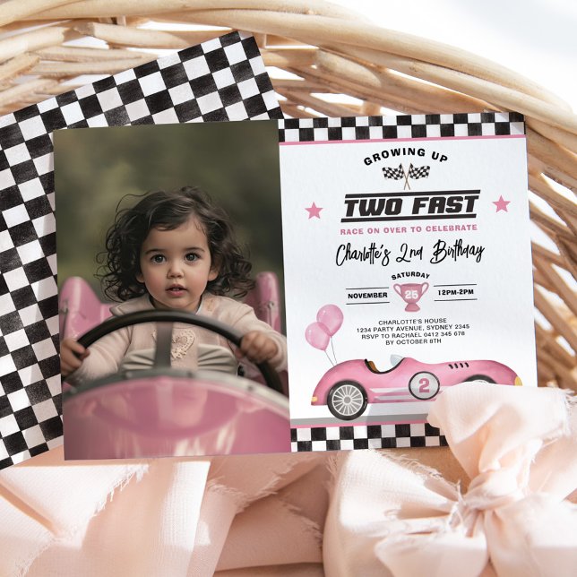 Retro Pink Two Fast Race Car 2nd Birthday Photo Invitation (Creator Uploaded)