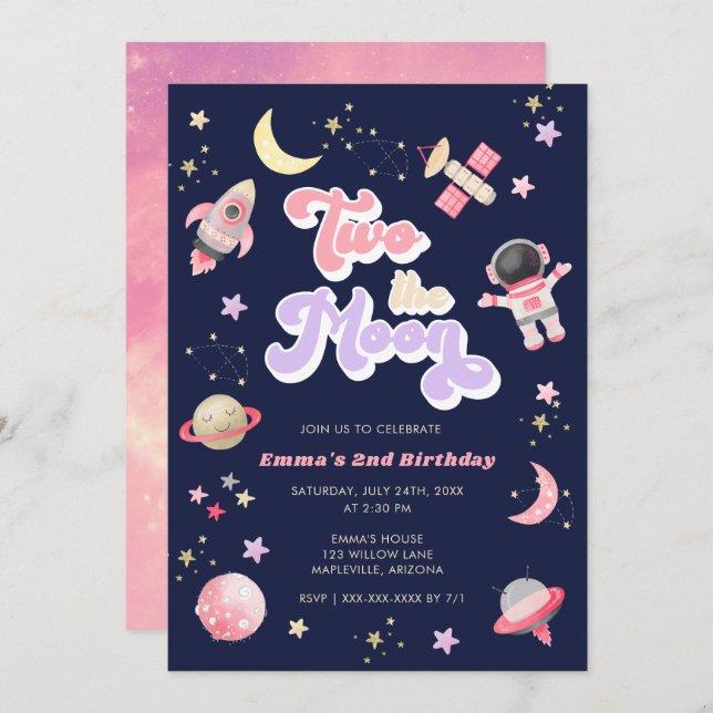 Retro Pink Two the Moon Space Birthday   Invitation (Front/Back)