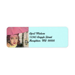 Retro Pink Umbrella Rainy day Return Address Label
