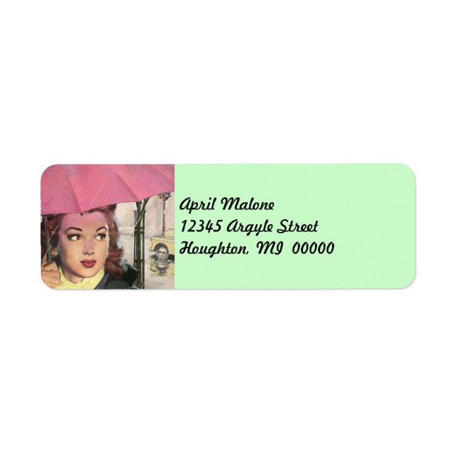Retro Pink Umbrella Rainy day Return Address Label (Front)