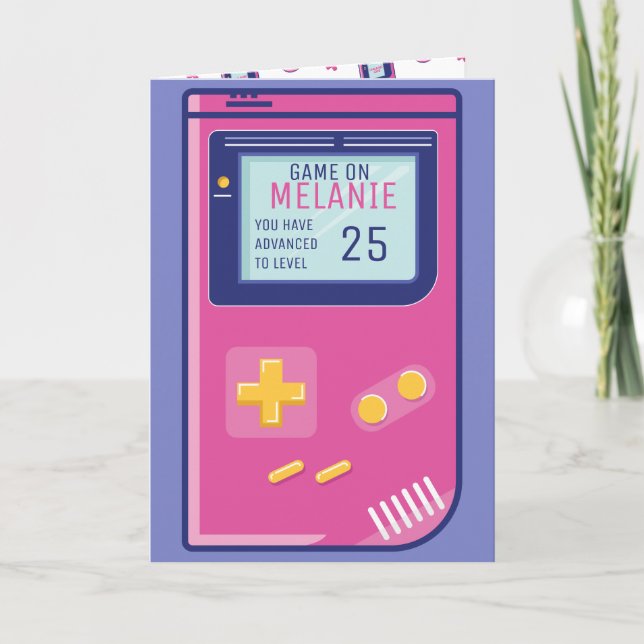 Retro Pink Video Game Level Up Custom Birthday Age Card (Front)