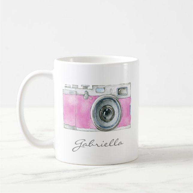 Retro Pink Watercolor Camera Personalised Coffee Mug (Left)