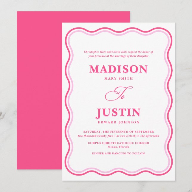 Retro Pink Wavy Formal Wedding Invitation (Front/Back)