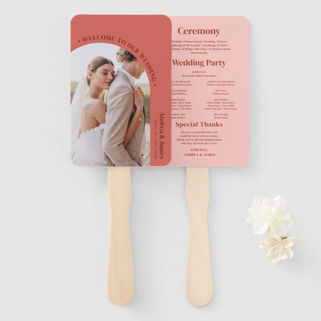 Retro Pink Wedding Program Hand Fan (Front and Back)