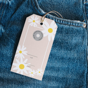 Retro Pink & White Daisy Business Logo Price Hang Gift Tags