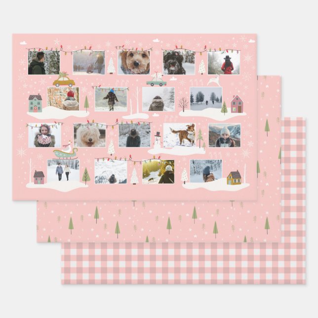 Retro Pink Woodland Scene Custom Photos Christmas Wrapping Paper Sheet (Set)