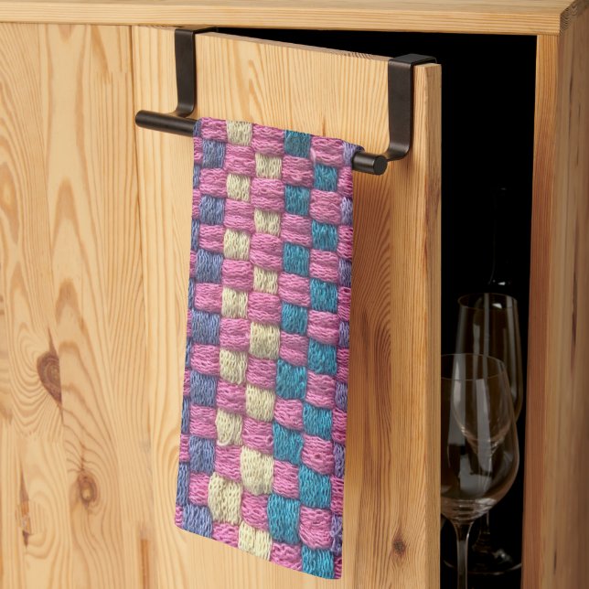 Retro Pink Yellow and Blue Potholder Design Tea Towel (Thirds Fold)