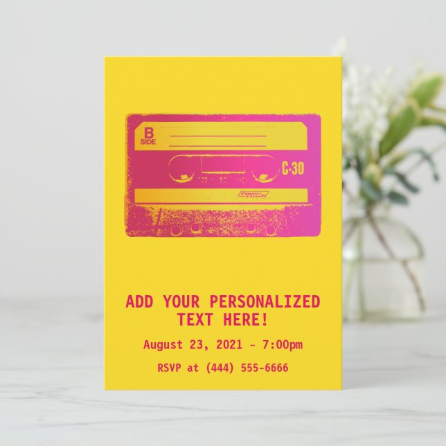 Retro Pink & Yellow Cassette Tape Invitation (Standing Front)