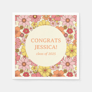 Retro Pink Yellow Floral Groovy Graduation Party Napkin