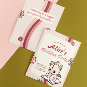 Retro Pink Yellow Pastel Baby Dragon Birthday Invitation