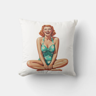 Retro PinUp 1950s Girl in Floral Swimsuit Cushion