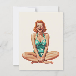Retro PinUp 1950s Girl in Floral Swimsuit Postcard