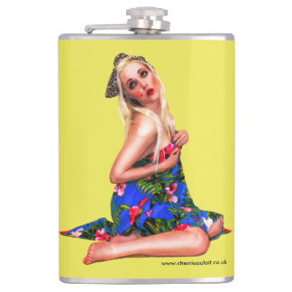 Retro Pinup Beach Girl Yellow Hip Flask