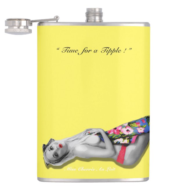 Retro Pinup Tropical Tiki Beach Girl Yellow Hip Hip Flask (Opened)