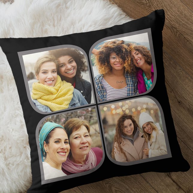 Retro Pinwheel 4 Photo Flower Petal Black Cushion (Creator Uploaded)