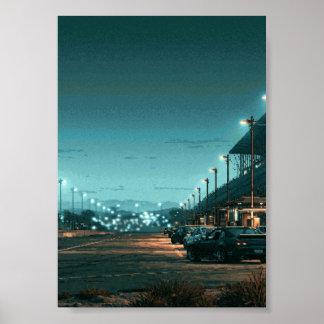 Retro Pixel Art JDM Cars Parked Under Glowing  Poster