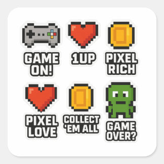 Retro Pixel Gamer T-Shirt | Fun 8-Bit Gaming Icons Square Sticker