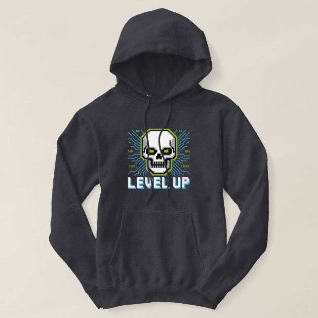 Retro Pixel Level Up Gamer Skull Hoodie (Design Front)