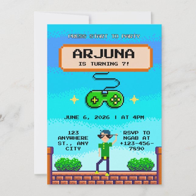 Retro Pixel Video Game Birthday Invitation QR (Front)