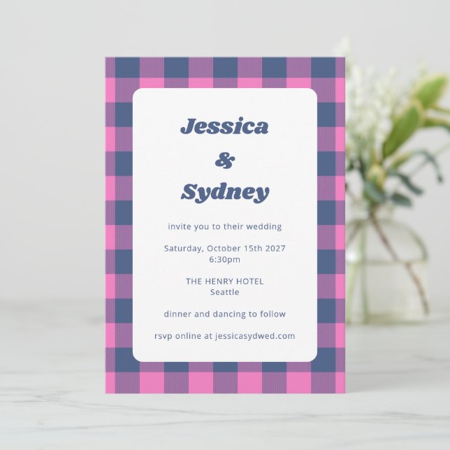 Retro Plaid Chequered Purple and Navy Blue Wedding Invitation (Standing Front)