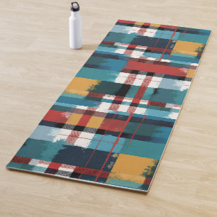 Retro Plaid in Teal Red Yellow and White Flannel Yoga Mat