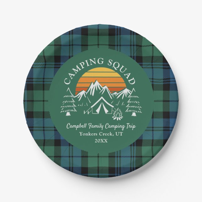 Retro Plaid Tartan Family Camping Squad Campbell Paper Plate (Front)