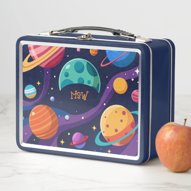 Retro Planets Monogrammed Metal Lunch Box (In Situ)