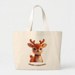 Retro Plush Reindeer Christmas Art Large Tote Bag