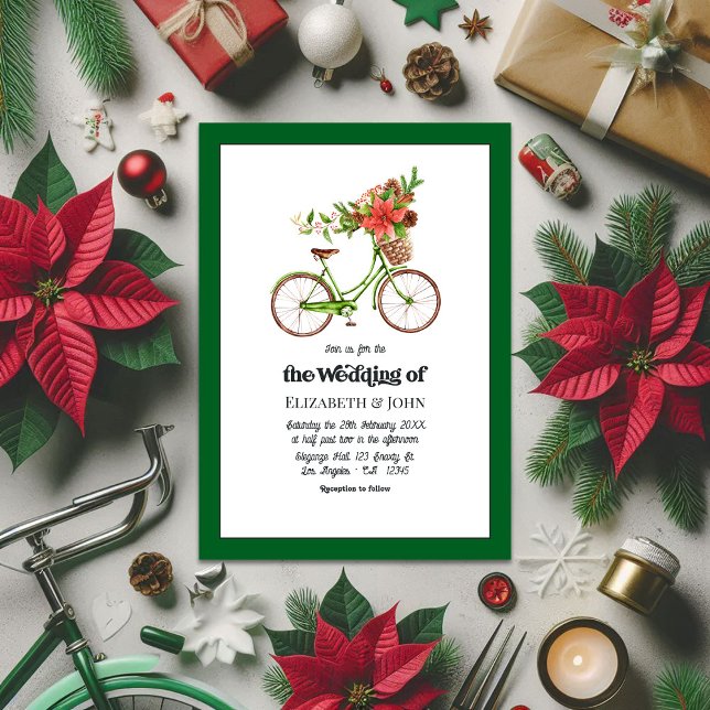 Retro Poinsettia Bicycle Christmas Wedding Invitation (Retro Poinsettia Bicycle Christmas Wedding Invitation)