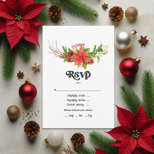 Retro Poinsettia Christmas Holiday Wedding RSVP Card (Retro Poinsettia Christmas Holiday Wedding RSVP Card)