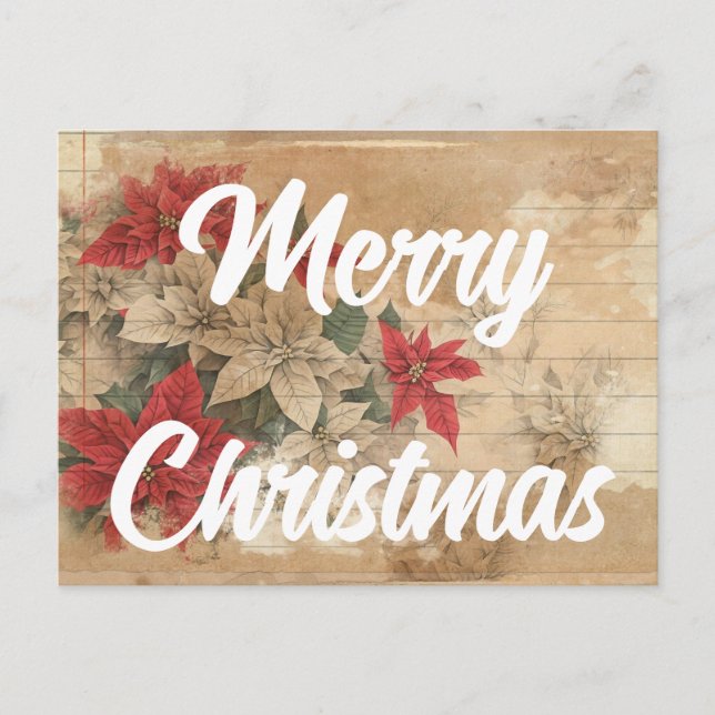 Retro Poinsettia Flowers Grunge Merry Christmas  Postcard (Front)