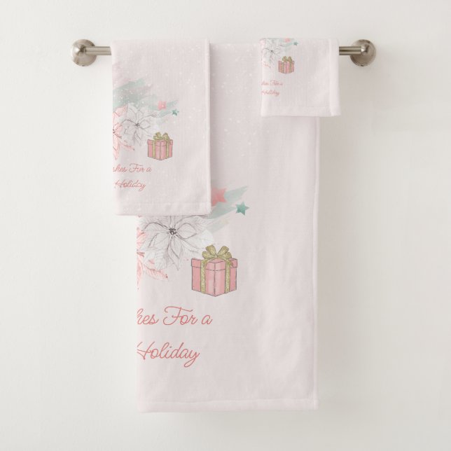 Retro Poinsettias Watercolor Pink White Gifts Bath Towel Set (Insitu)