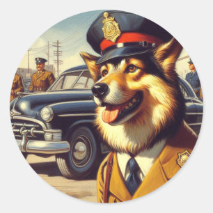 Retro Police Dog Painting Classic Round Sticker