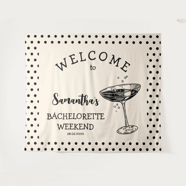 Retro Polka Bachelorette Party Backdrop Cocktail Tapestry (Front (Horizontal))