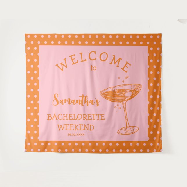 Retro Polka Bachelorette Party Backdrop Cocktail Tapestry (Front (Horizontal))