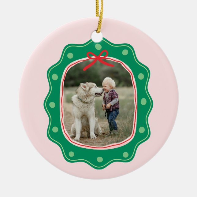 Retro Polka Dot Picture Frame Christmas Ceramic Tree Decoration (Front)
