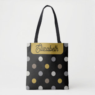 Retro Polka Dots Black Mustard Name Personalized Tote Bag