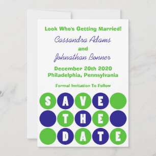 Retro Polka Dots Save The Date (Navy Blue / Green) Invitation