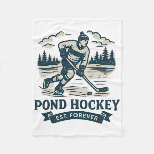 Retro Pond Hockey Player Frozen Lake Winter  Fleece Blanket